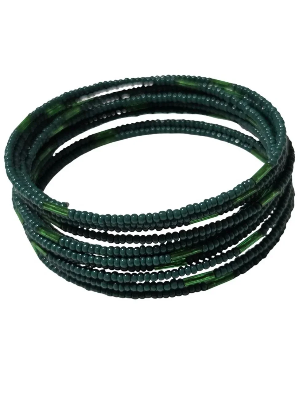 Green Beaded Coil Bracelet Boho Earthy Artisan Cottagecore Fashion Jewelry Women